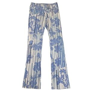 Floral Striped Flare Leg Pants, Blue & White, Retro‎ Style, Casual Trousers